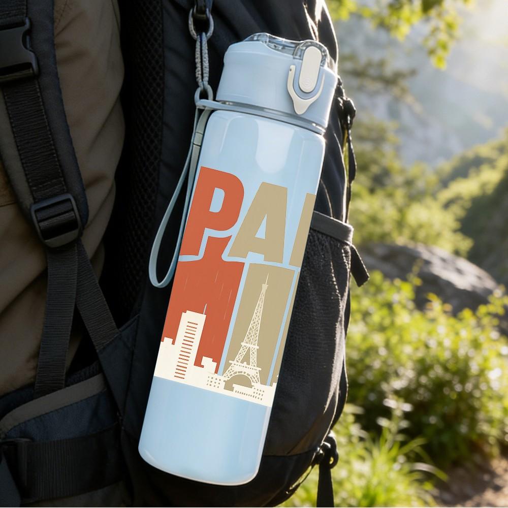 1PC Paris City Building Letter Art 750ml Color Plastic Sports Water Bottle Leakproof Flip Straw Lid Suitable for Sports Office Home Use