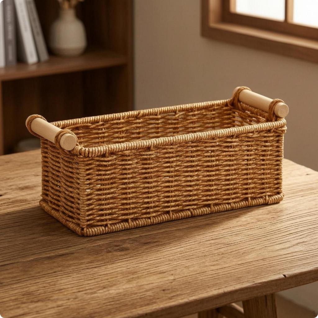 Compact Imitation Rattan Storage Basket | Woven with Wooden Handles, for Countertop S