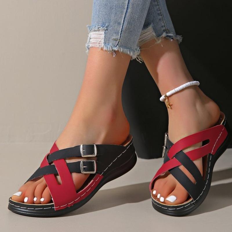 New Large Size Solid Color Slippers Female Fish Mouth Thick Bottom Fashion Belt Buckle One Word Cool Slippers