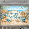 2D planar beach birthday celebration background fabric - Tropical ocean theme, featuring shells, starfish and palm elements