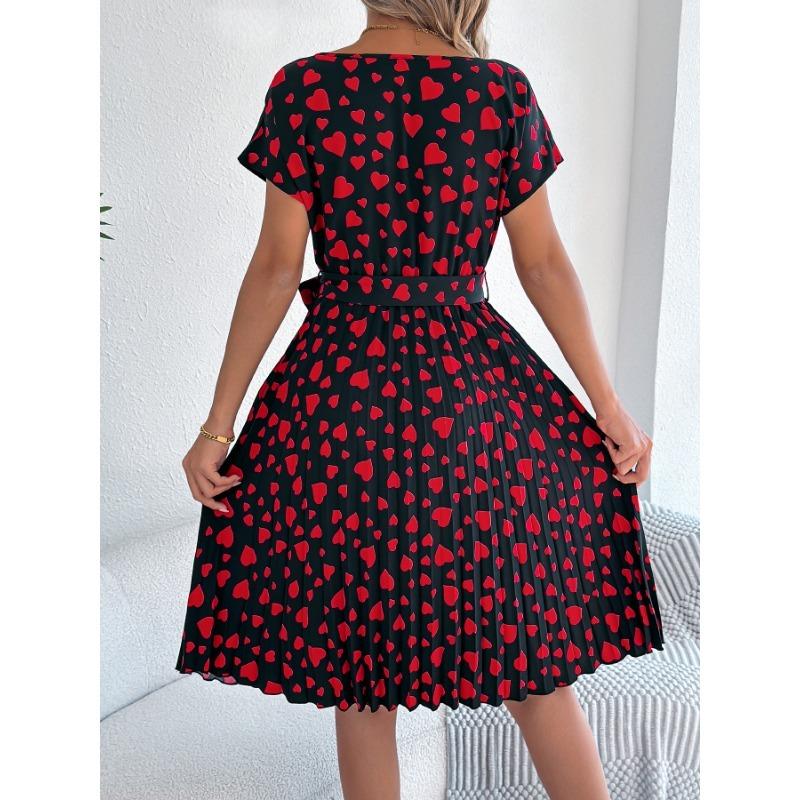 Spring Summer O Neck Printed Casual Short Sleeved Pleated Women Dress Loose Fashion Elegant A-line Party Lace-up Dresses Simple Women's Clothing
