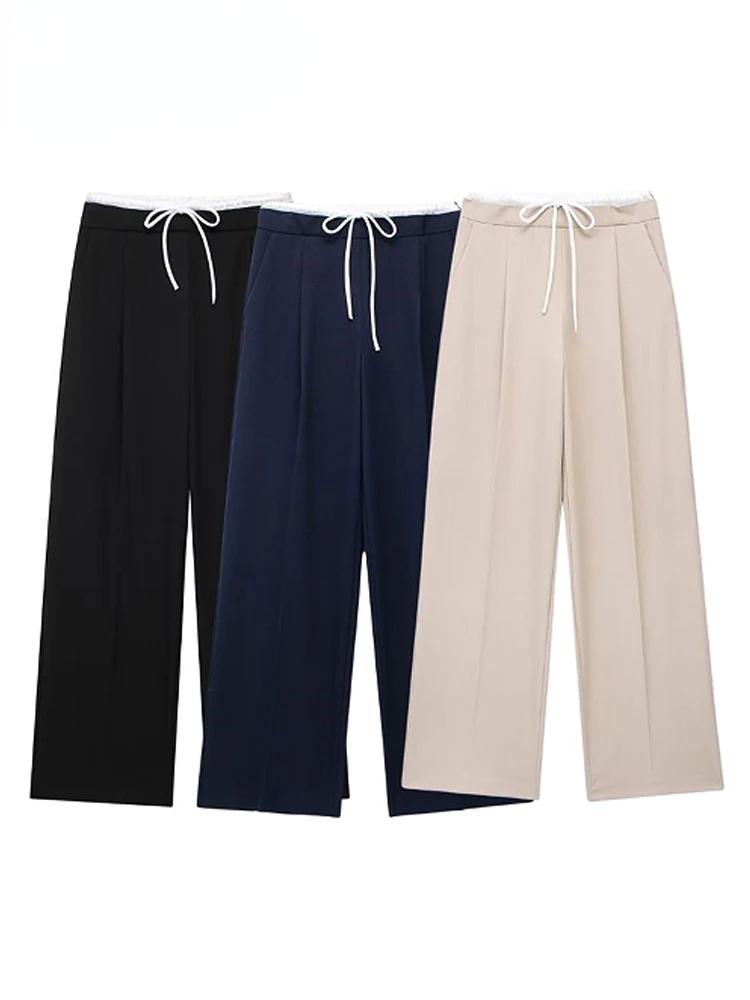 Pure Color Women High Waist Black Pants Solid Elastic Waist Wide Leg Pant Woman Fashion Lace Up Casual Loose Pants Streetwear