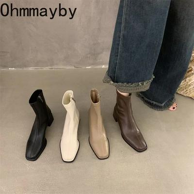 Fashion Women Ankle Boots Woman Square Heel Fashion Zipper Autumn Winter Women's Shoes Leather Girl's Short Booties