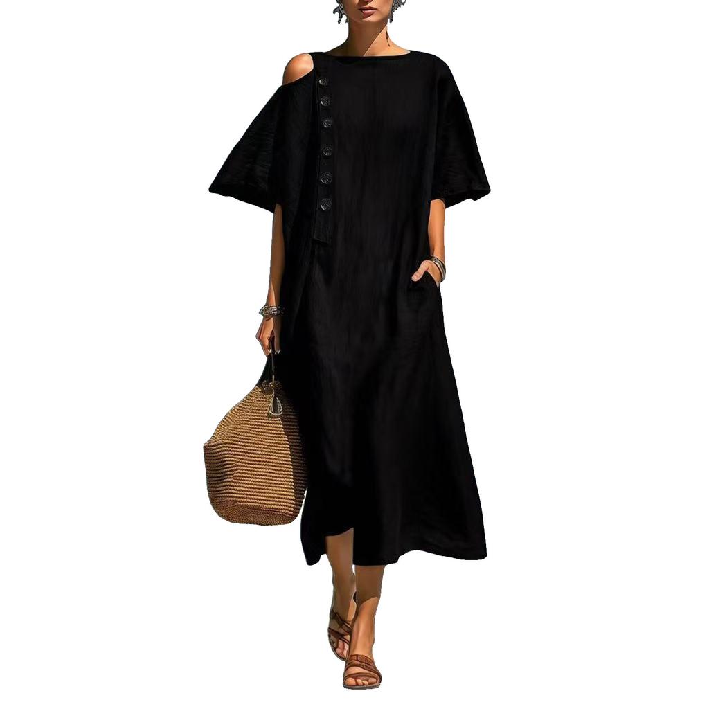Modisches Damen Hemdkleid mit Rundhalsausschnitt, lockerer Passform, aus Baumwoll-Leinen-Mischung