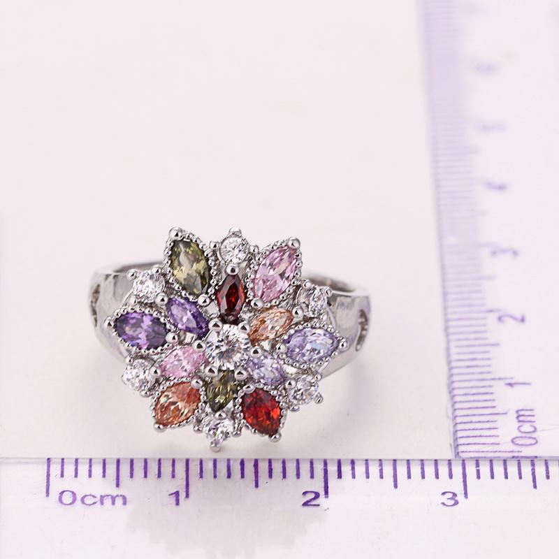Ring Fashion 925 Silver Color Jewelry Colourful Cubic Zirconia Flower Design Cute Style Women Girls Party Engagement