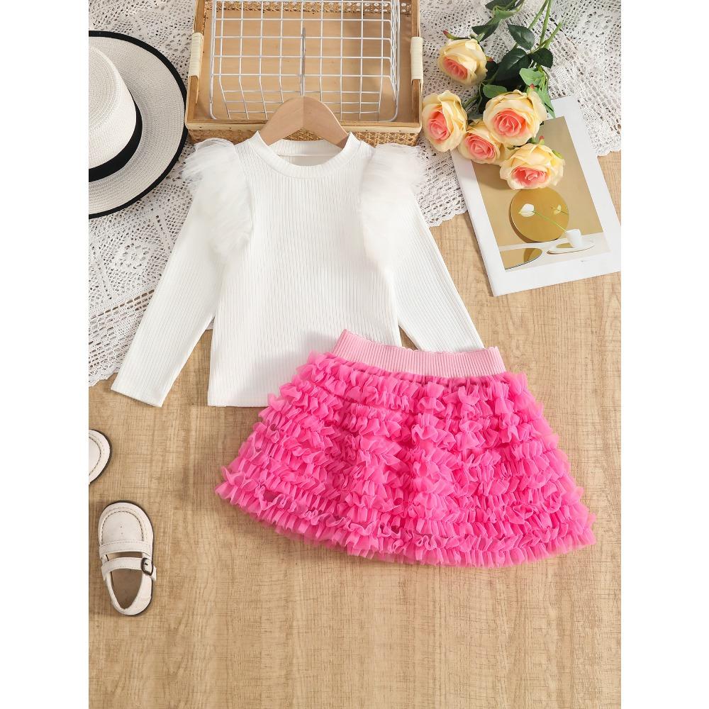 3-7Y Girls' Long-Sleeve T-Shirt + Skirt Children's Half-Skirt Spring/Fall Princess Tulle Skirt Long-Sleeve T-Shirt Puffy Skirt Set