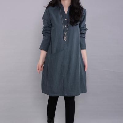 Otoño Literario para Mujer Vestido Holgado de Talla Grande Algodón y Lino Manga Larga Largo Medio
