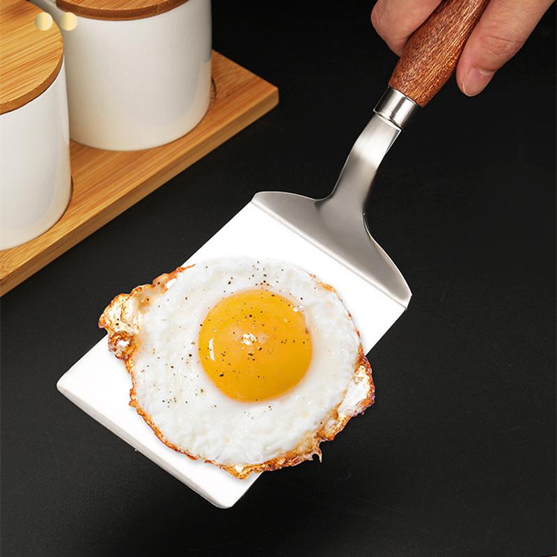 Edelstahl Kochspatel Holzgriff Steak Bratwender Pizza Pfannkuchen Rindfleischwender Schaber BBQ Utensilien