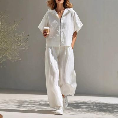 2026 New Amazon ttemuY2 Women's Casual Minimalist Style Hoodie and Wide-leg Pants Cotton and Linen Suit