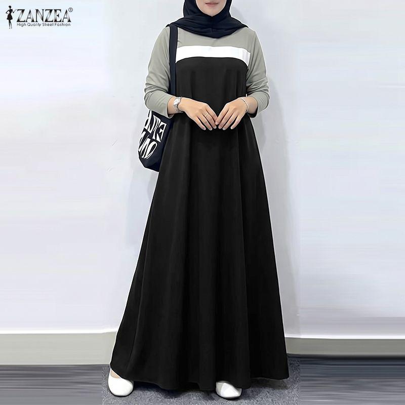 ZANZEA Rochie lungă cu mânecă lungă, lejeră, cu gât rotund, mozaic