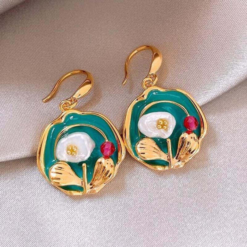 French Court Style Colored Enamel Glaze Double-layer Flower Stud Earrings Retro Pearl Design Earrings Monet Garden Decoration