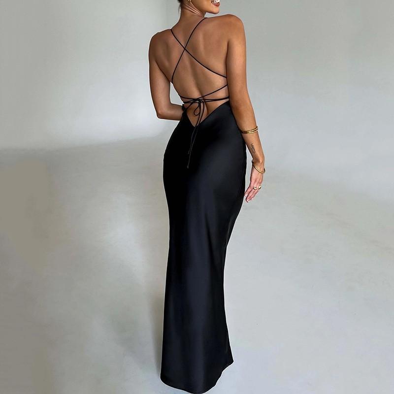 European and American Summer Temperament Sexy Suspender High Elasticity Satin Backless Strap Slim Long Dress
