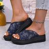Fashion Plus Size Fashion Women Platform Slippers 2025 Summer Blue Denim Wedge Sandals Women Thick Bottom Non Slip Outdoor Beach Shoes