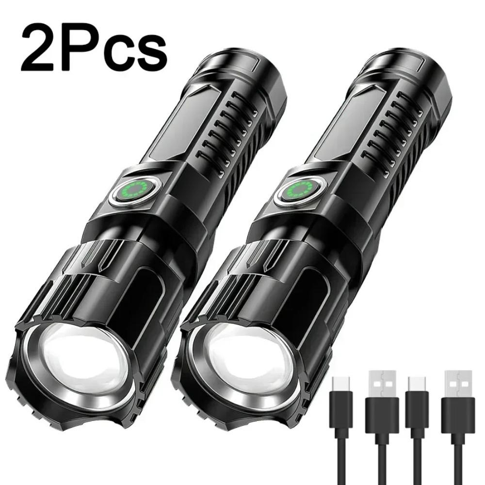 1/2/3Pcs Bright Portable Zoom LED Flashlight Built-in Battery USB-C Rechargeable Emergency Torch Outdoor 3 Lighting Modes