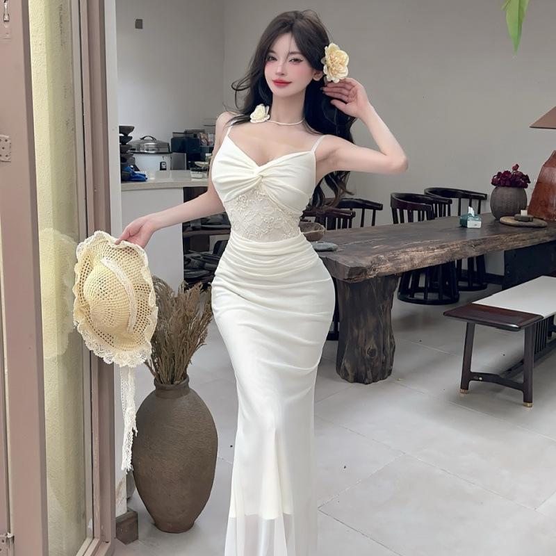 Elegant Noblewoman Mesh Splicing Camisole Dress - Sexy, Hip-Hugging Long Dress with Mature, Pure Desire Style