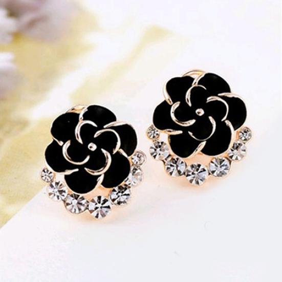 Women Peony Camellia Flower Rhinestones Alloy Ear Stud Earrings Party Jewelry
