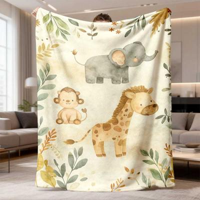 2026 New Flannel Blanket Arrival 1pc Comfortable Animal Zoo Flannel Blanket - Soft & Warm Design Featuring Giraffe, Elephant, Monkey with Watercolor I