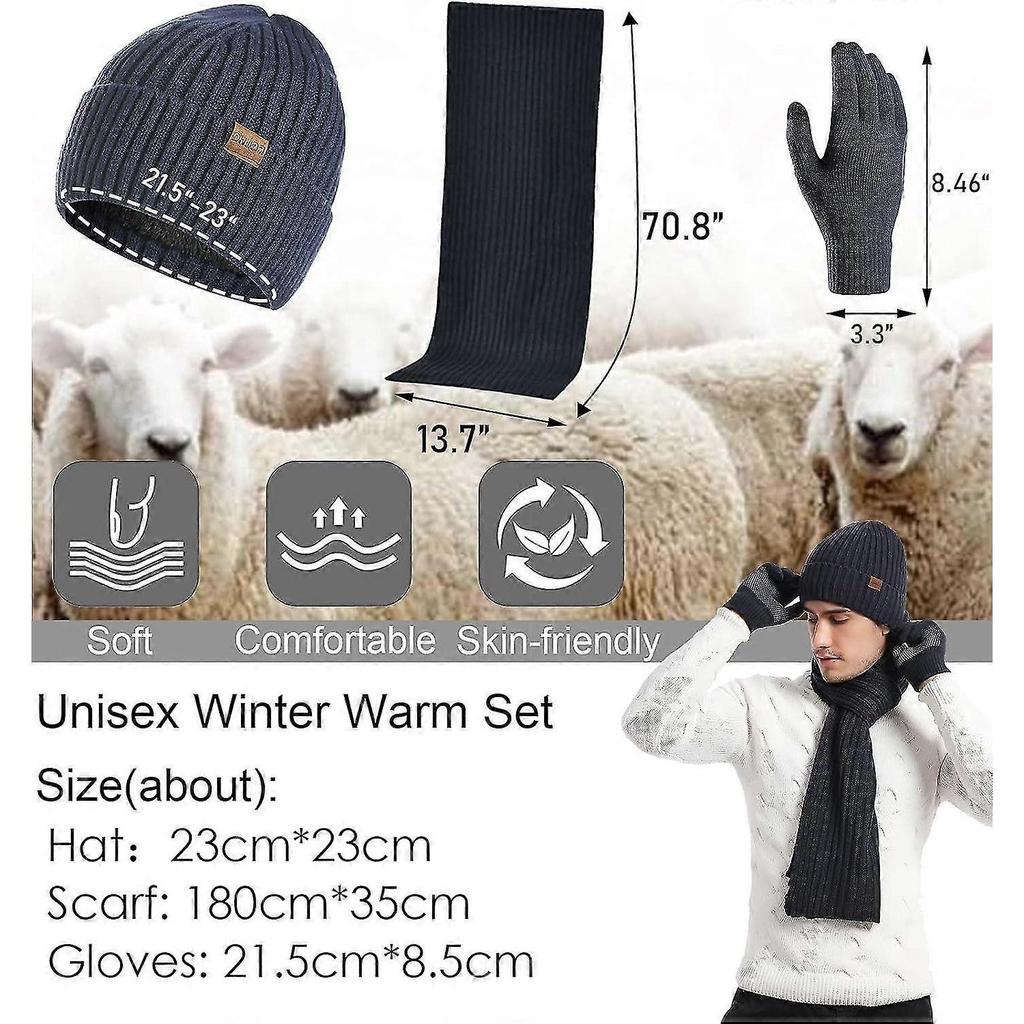 3-teiliges Wintermützen-, Schal- und Handschuh-Set für Damen oder Herren, Unisex, Warme gestrickte Beanie-Mütze mit Fleece-Futter, Langer Schal für den Hals und Touchscreen-Handschuhe