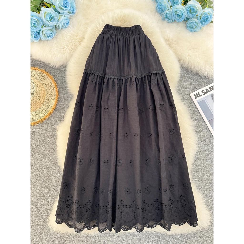 Spring/Summer A-Line Midi Skirt with Cross-Border Japanese & Korean Hollow Embroidery Design