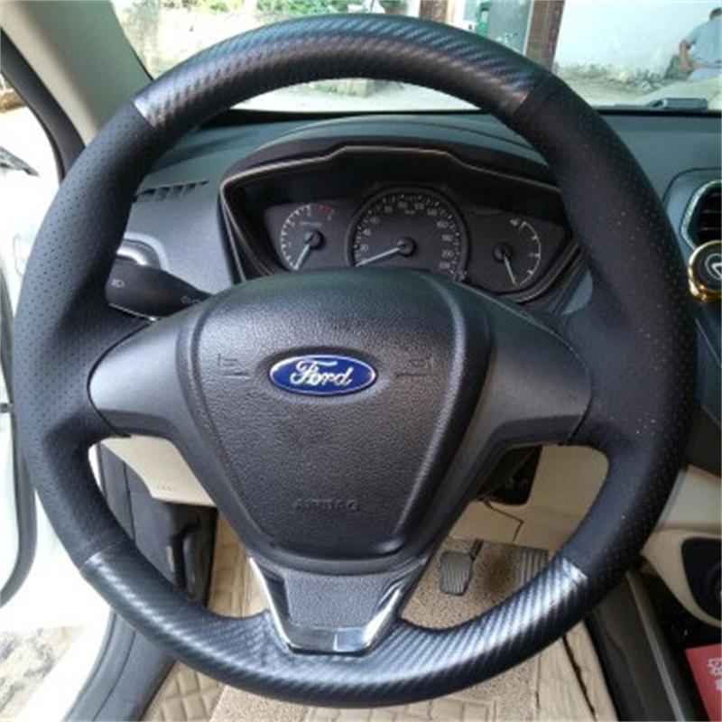 

Для Ford Fiesta 2008-2013 Ecosport 2013-2016 Ручная прошивка Нескользящая черная Карбоновая кожа Чехол на руль автомобиля 2