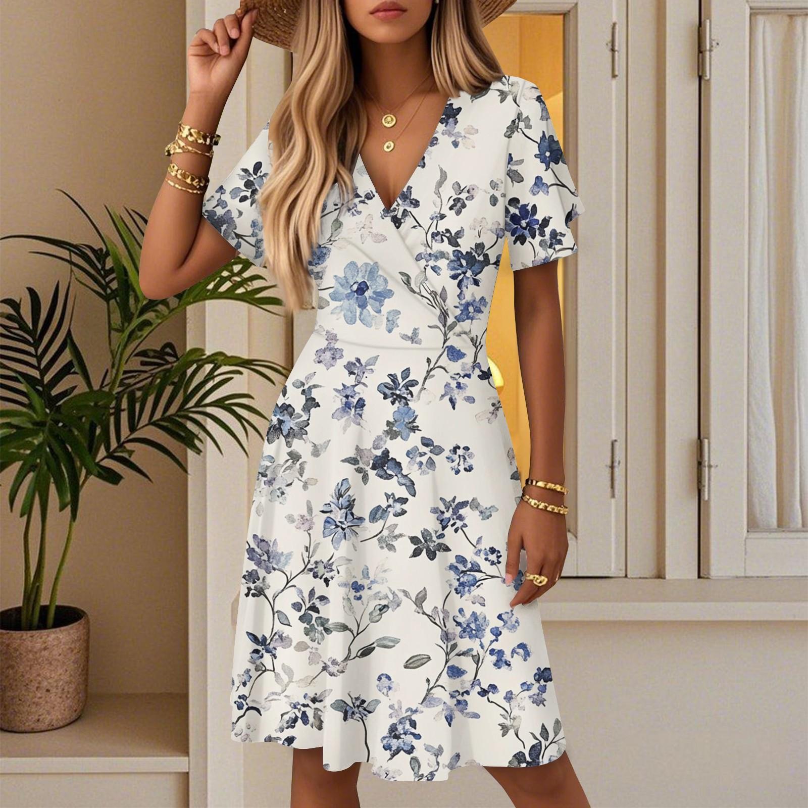 Women s Summer Fashion Floral Print Dress Casual Beach A-Line V-Neck Loose Sundress L