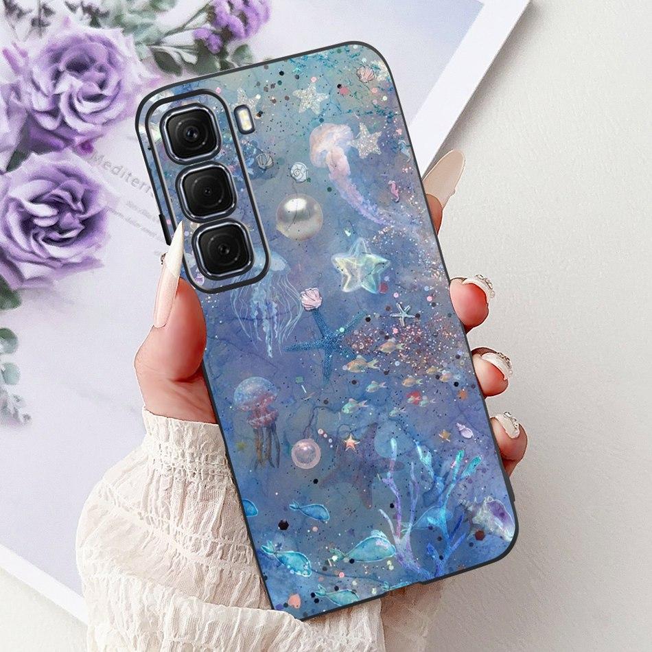 For Infinix Hot 50 4G Phone Case Hot 50 Pro+ 4G Hot50 Pro Elegant Floral Cat Pattern Black Silicone Soft TPU Cases