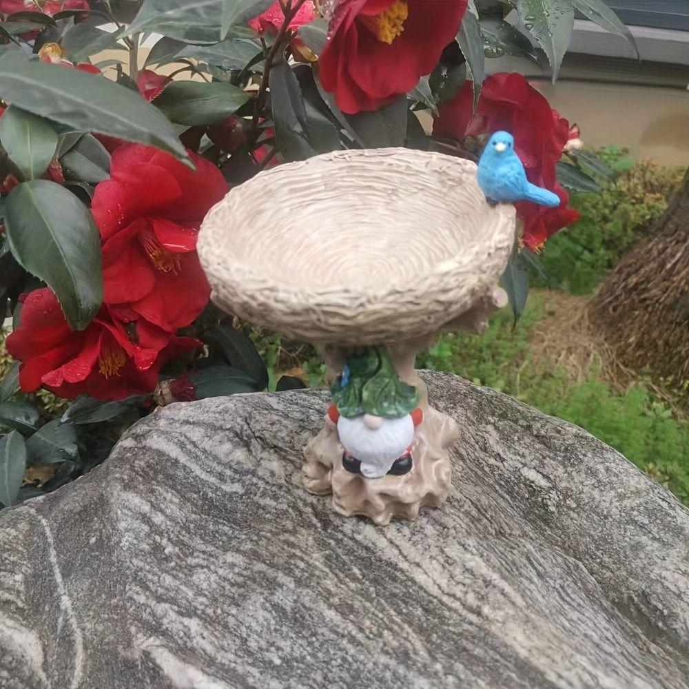 Resin Bird Feeder Dwarf Design Bird Water Bowl Fairy Garden Decoration Art Statue Outdoor