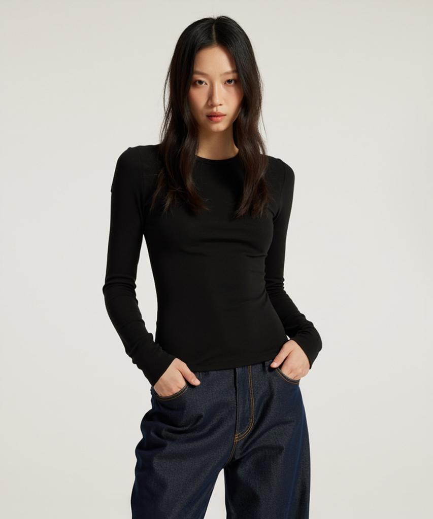 Beoteunseoul [Womens] Wool Blend Tencel Soft Stretch Back Pintuck Long Sleeve T-Shirt (3 Colors)