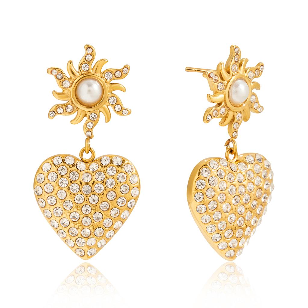  Imitation Pearl Sun Heart Pendant Stud Earrings Golden Stainless Steel Attractive Chic Jewelry New Wholesale 2025