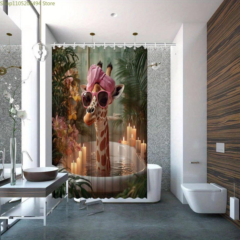 1pc Whimsical Giraffe Bath Curtain - Tropical Spa Theme with Candles & Floral Accents, Polyester Fabric, 12 Hooks, 179.83x179.