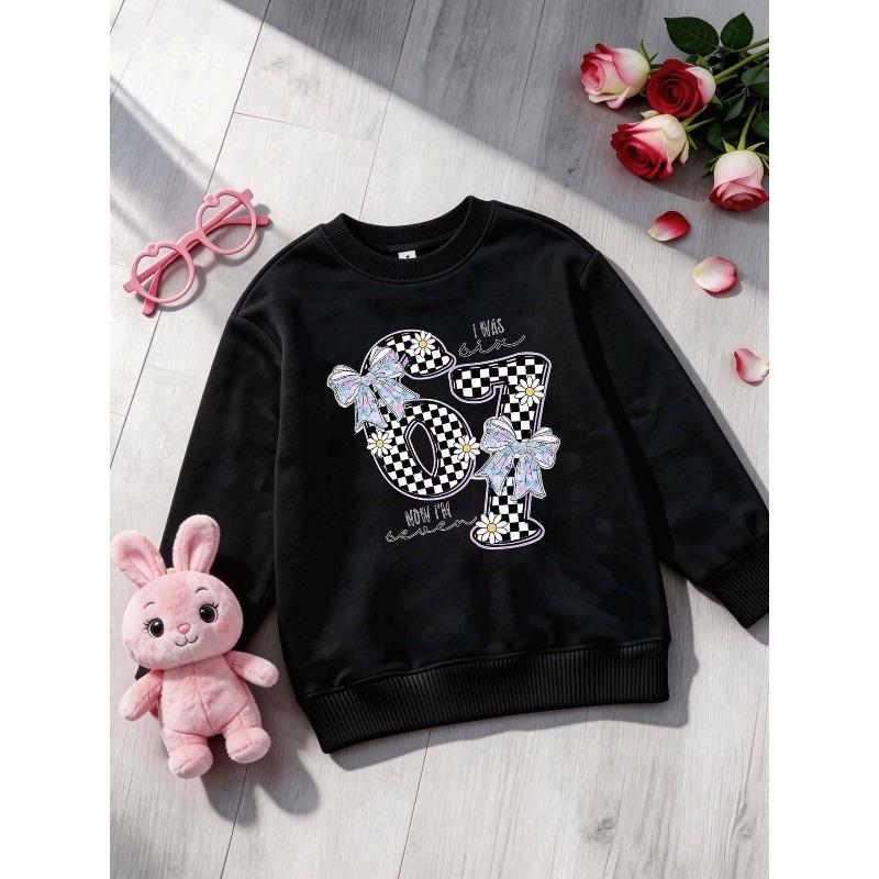 Unisex Kids Grey Crewneck Sweatshirt For 4-12 Girls Checkered Number 67 Bow Daisy I Was Six Now I m Seven Print Soft Fleece Long Sleeve Pullover 110 чёрный