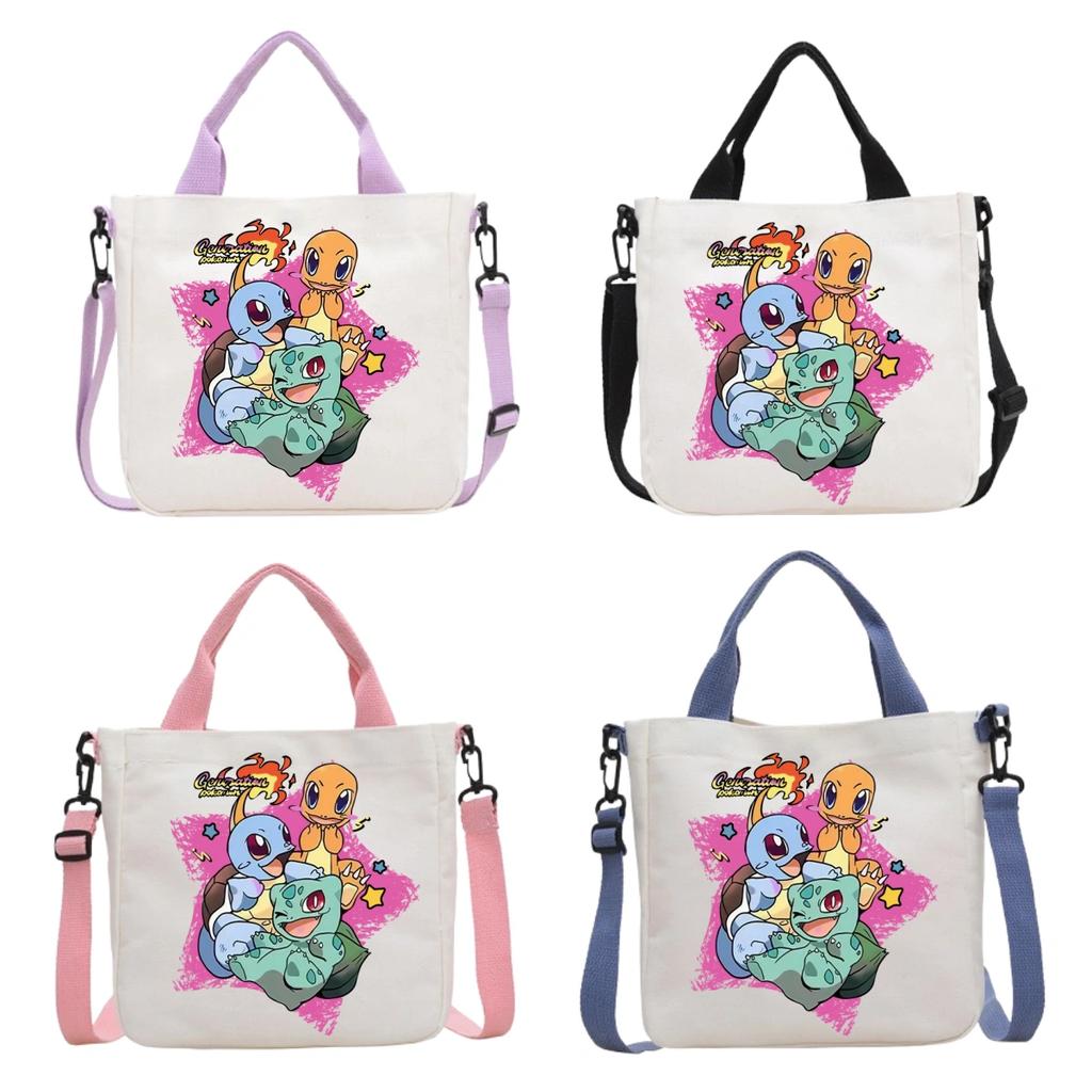 Pokemon Canvas Crossbody Bag Pikachu Cartoon Pattern Print Handbag Fashion Portable Large Capacity Travel Shopping Storage Kid Friendly Entertaining