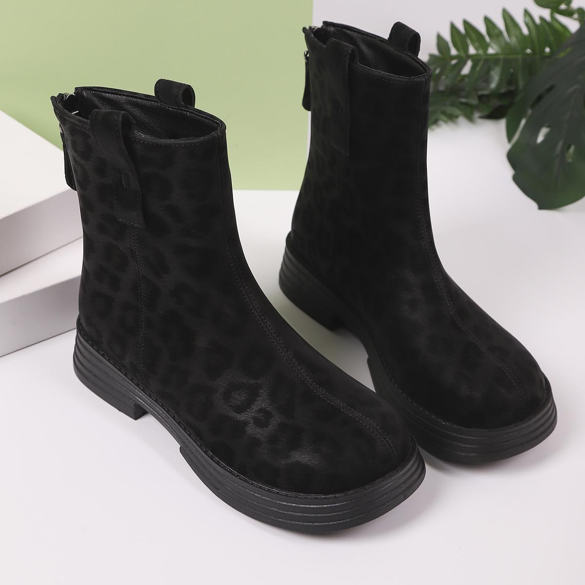 

Модные женские короткие ботинки Осень и Зима Новая мода Декоративный принт с пайетками Сексуальный леопардовый принт Круглый носок Роскошные модные ботинки 36 чёрный