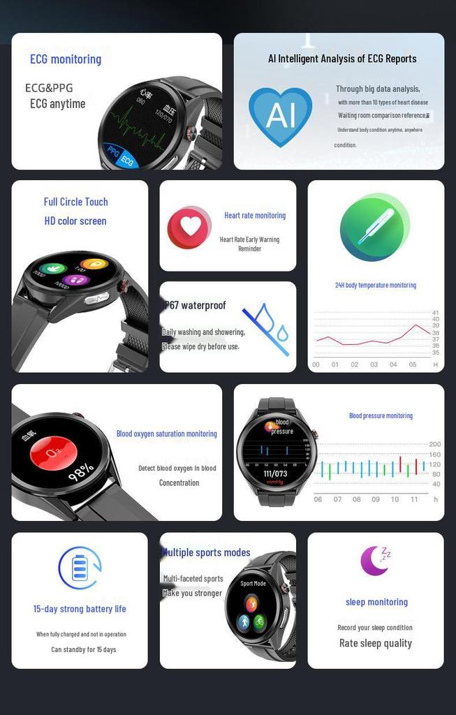 Smartwatch W10: Blood Pressure, Heart Rate, ECG, Blood Oxygen, Body Temperature, Sleep Tracking, Sports & Weather Features