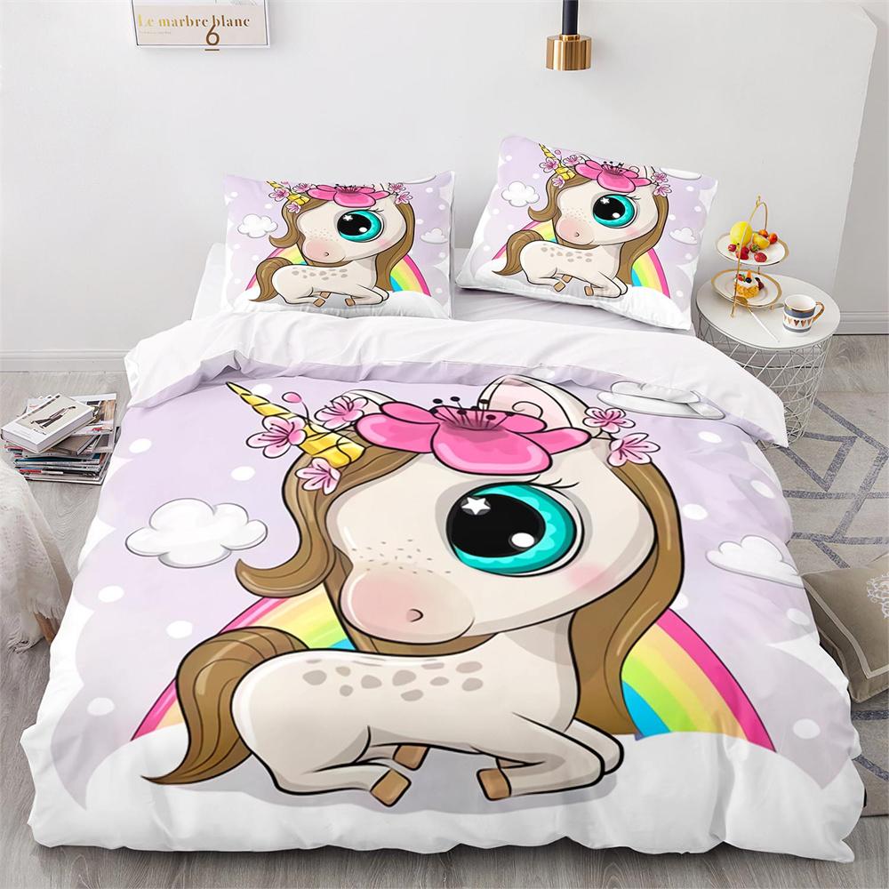 Carino Set Copripiumino Coppia di Pony 3D Unicorno Pony Cavallo Poliestere Coperta Trapuntata con Federe per Bambini Adulti Set Biancheria da Letto