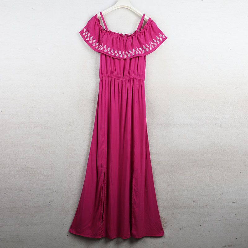 

Sunshine House Summer New Arrival Export European and American plus Size Women s Clothes Embroider off-the-Shoulder Dress A- line Skirt Rose Red Bust size 100-106