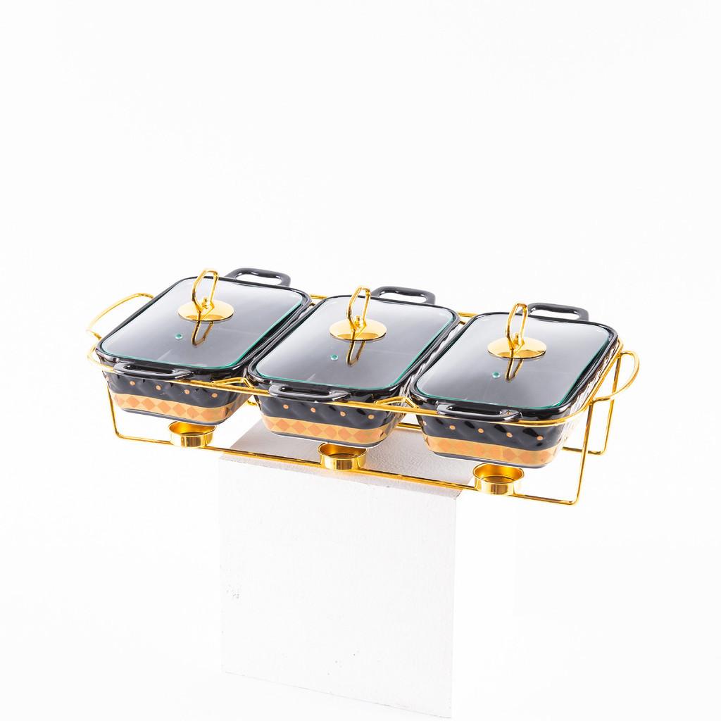 Three-grid Rectangular Ceramic Plate Soup Pot Metal Shelf Hotel Restaurant Hand-Colored Soup Pot Dry Pot Tableware Set
