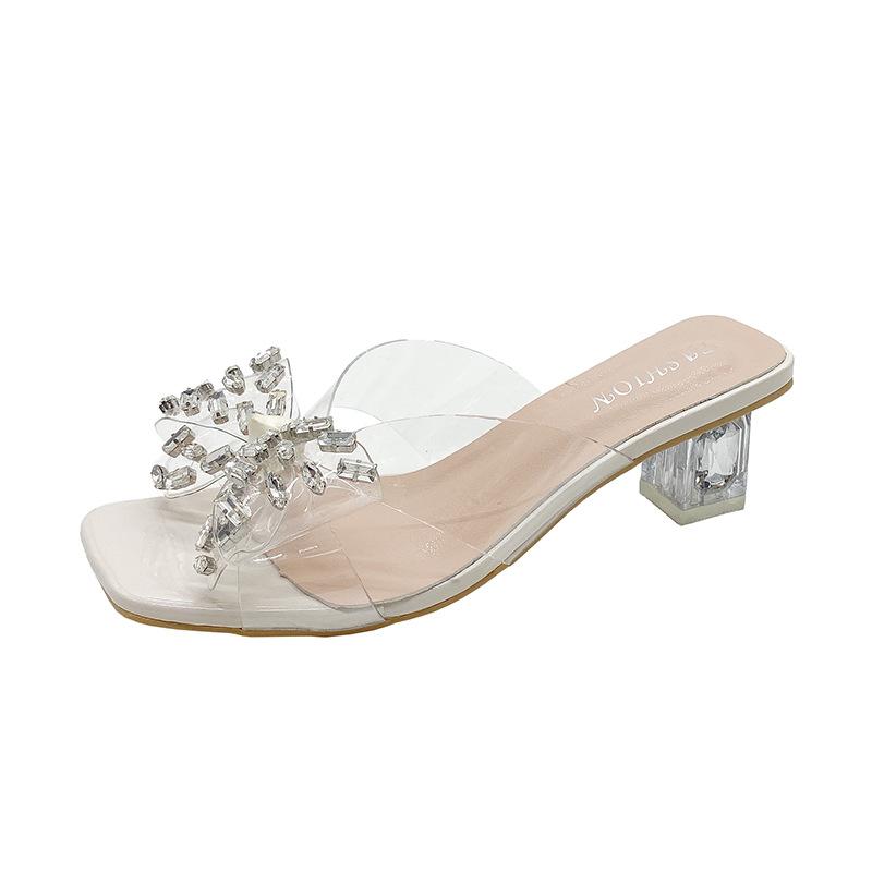 Rhinestone transparent cool slippers women's summer new square head fashionable versatile crystal thick high-heeled slippers