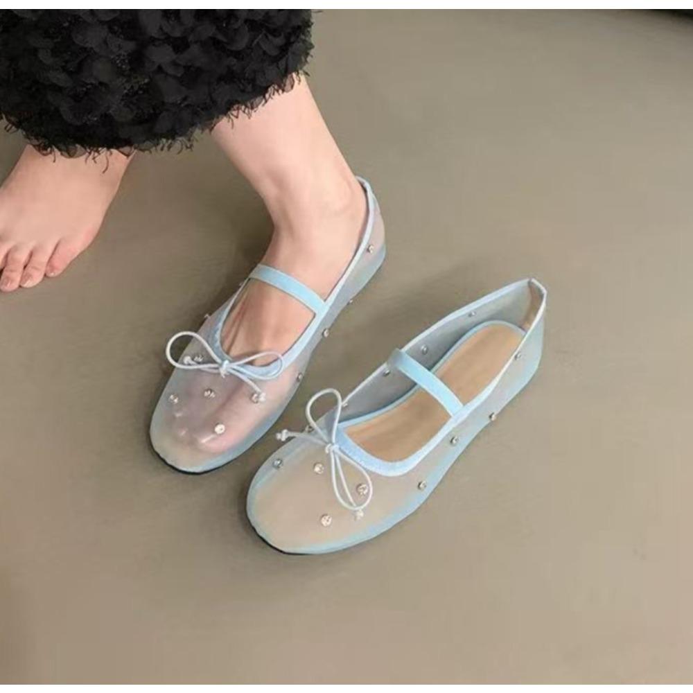 Kadın Düz Ayakkabılar File Üst Yuvarlak Burun Fiyonklu Kadın Ayakkabıları Tek Giymelik Açık Hava Günlük İş Gidiş Gelişi Yapay Elmaslı Zapatillas De Mujer
