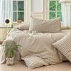 Tan Gingham Grid Duvet Cover Queen 3 Pieces Beige Plaid Duvet Cover 100% Washed Cotton Boho Plaid Comforter Cover with 2