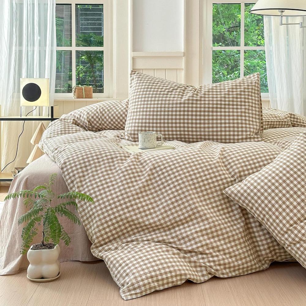 Tan Gingham Grid Duvet Cover Queen 3 Pieces Beige Plaid Duvet Cover 100% Washed Cotton Boho Plaid Comforter Cover with 2