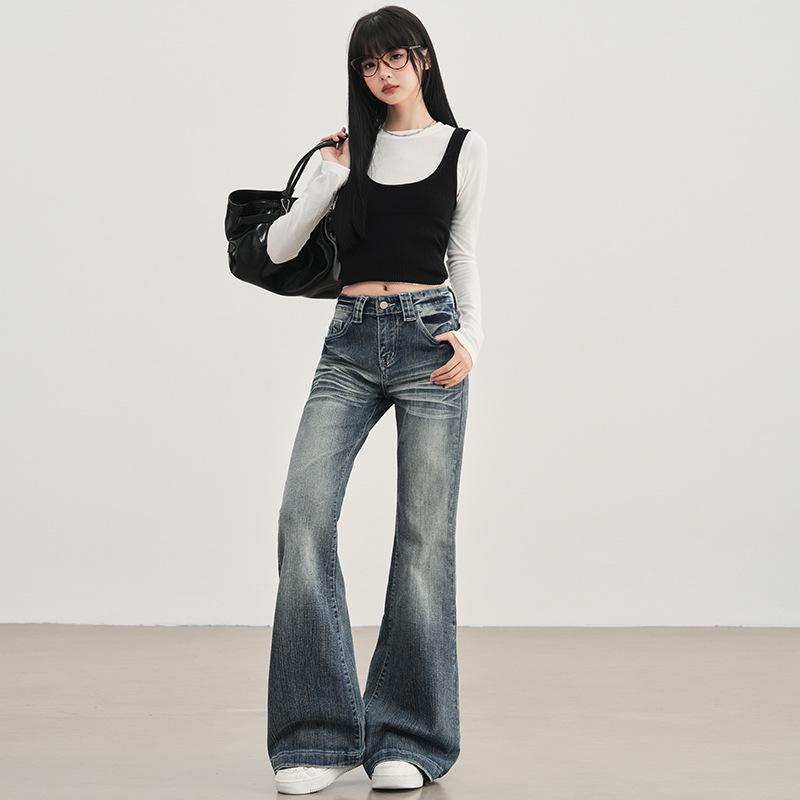 Women s Retro Blue Low-Waist Micro-Flare Jeans - Autumn/Winter High Street Style Horseshoe Pants XL