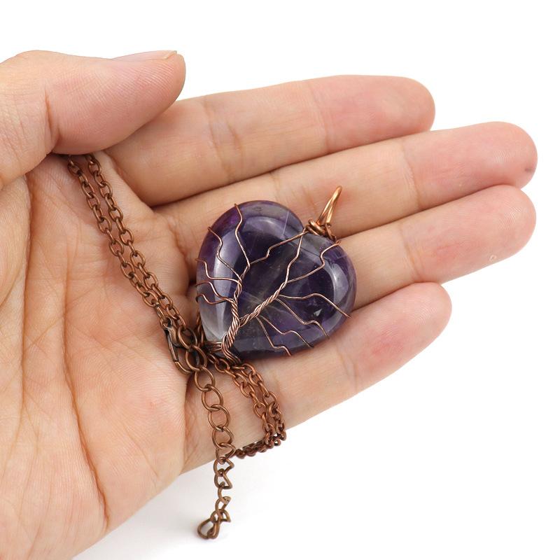 Ancient Red Copper Hand-Wound Peach Heart Natural Stone Heart-Shaped Powder Crystal Tree Of Life Necklace N519