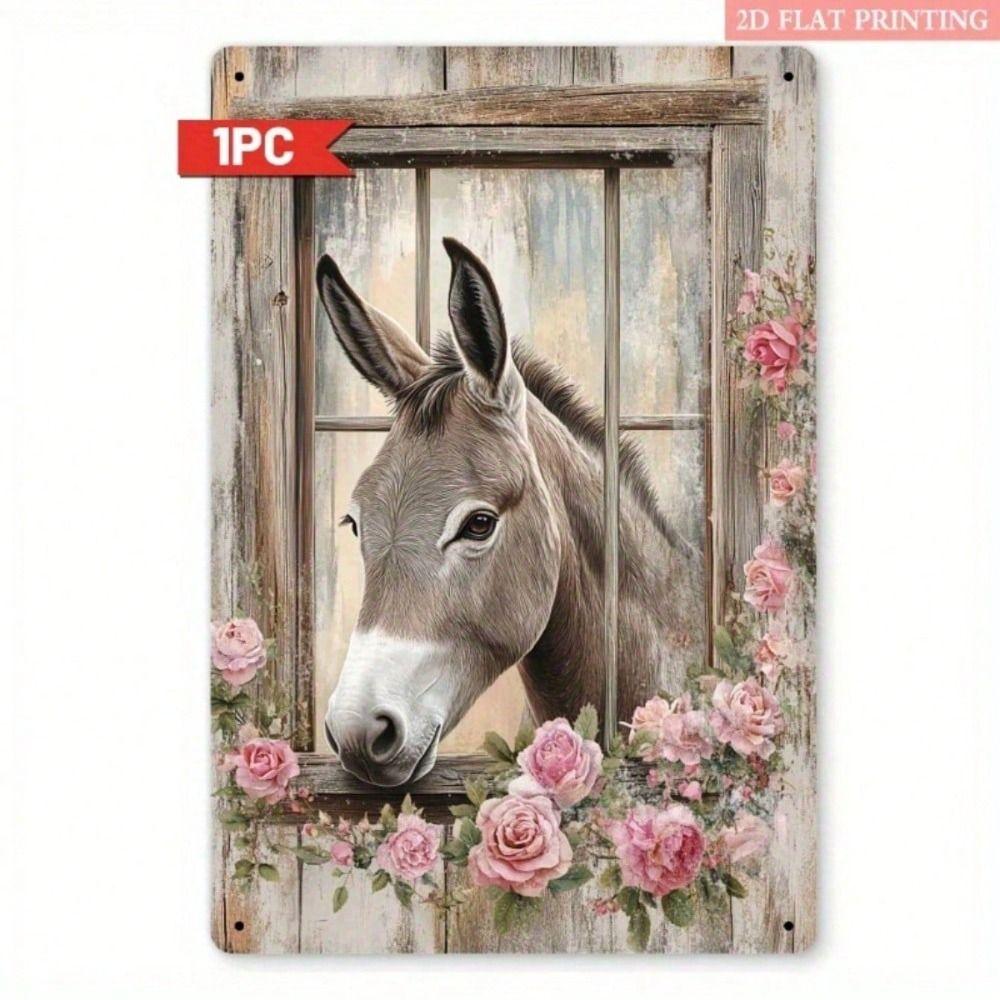 

Vintage Donkey with Roses Window Metal Poster Wall Art for Living Room