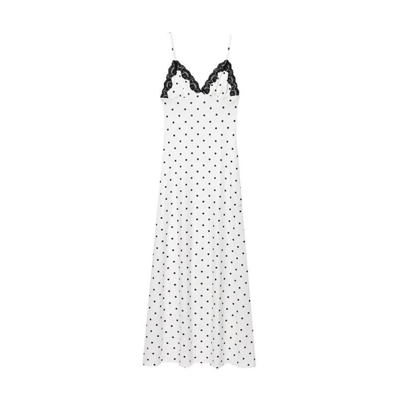 Elegant White V-Neck Midi Dress With Polka Dot Print High-Waisted A-Line Skirt 2025 Lightweight Chic Womens Extra Small белый