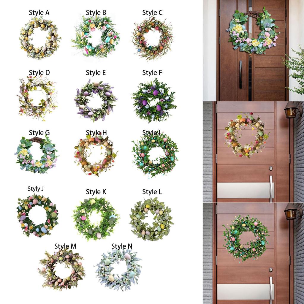 Easter Wreath with Pastel Eggs Front Door Wall Hanging Artificial Green Leaves Garland for Party Holiday Home Garden Decoration