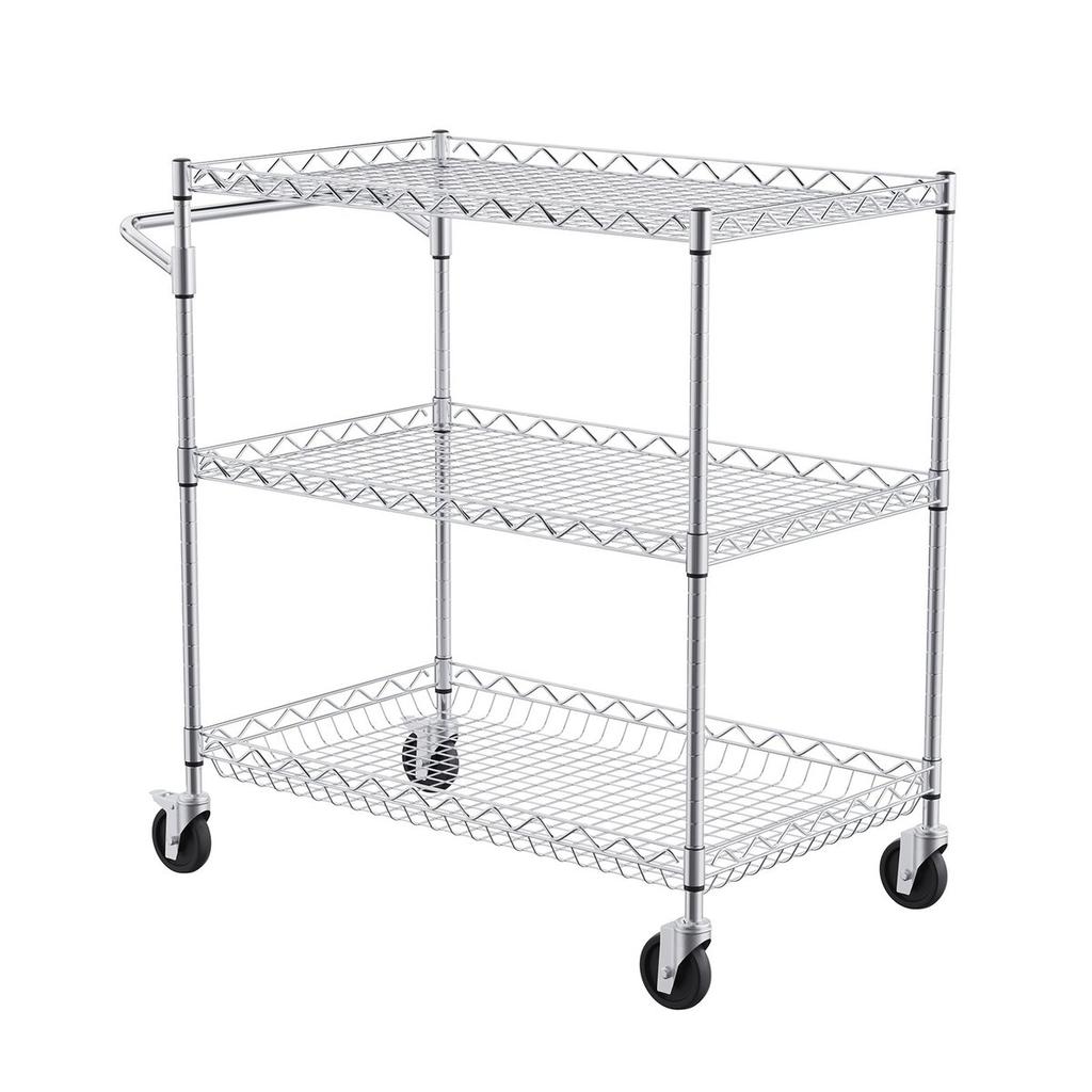 Kitchen Utility Cart, 3 Tiers, Wire Rolling Cart with 661LBS Capacity, Steel Service Cart On Wheels, Metal Storage Trolley with 80mm Deep Basket