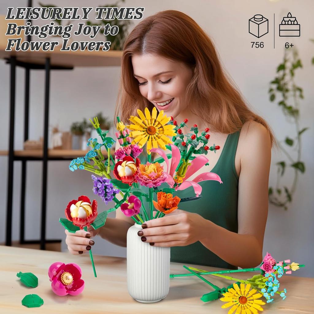756 PCS Flower Bouquet Building Sets - 11 Kinds of Building Block Flowers, Botanical Collection Crafts Set for Home Office Decoration, Valentines Day