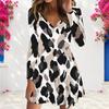 Women Plus Size V Neck Long Sleeve Blue Printed A Line Dress