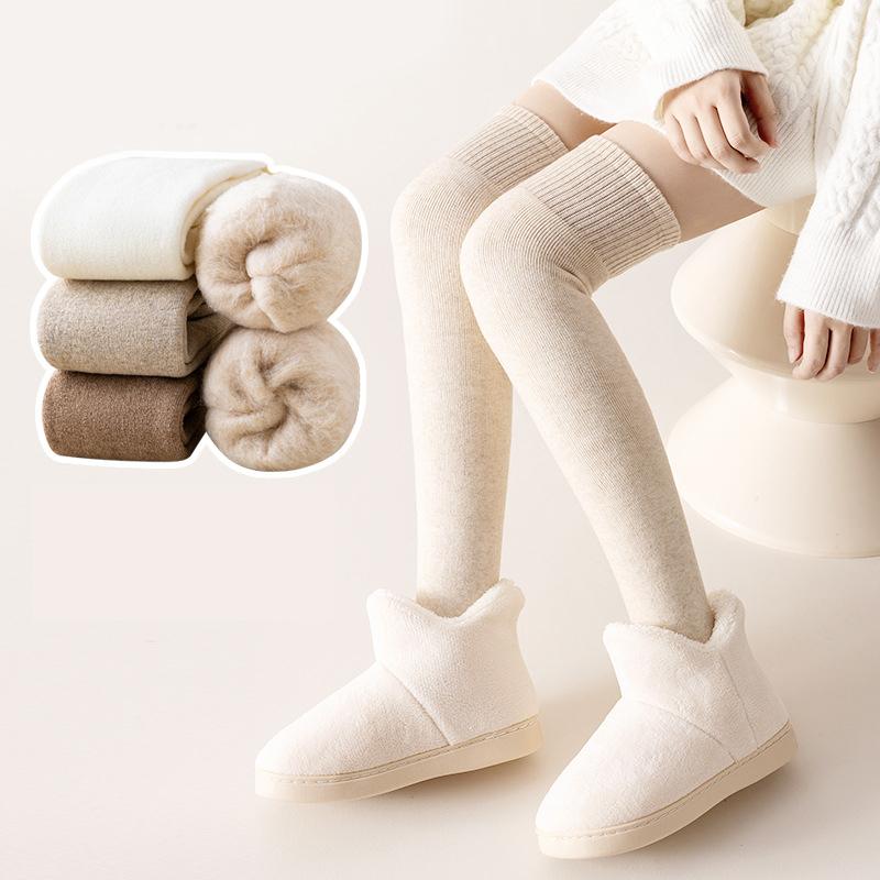 Calcetines largos y cálidos de invierno para mujer, de tubo grueso y alto, por encima de la rodilla, hasta la rodilla, de rizo, de color liso, gruesos, hasta la pantorrilla